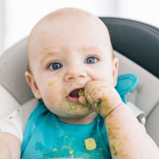 Essensverschmiertes Baby beim Baby led weaning lutscht an Avocado.