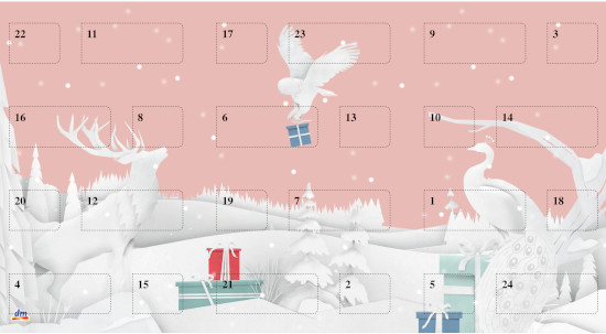 Adventkalender mit 24 Türchen: Rosa Scherenschnitt im Wald mit weißen Tieren und Geschenken