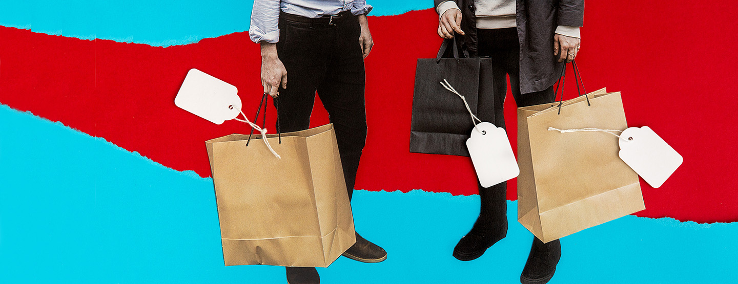 Collage mit Männern, Einkaufstaschen und Preisschildchen
