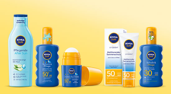 Collage mit Sonnencreme-Produkten von Nivea